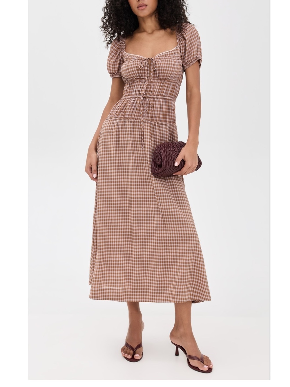 NWT Reformation Rhett Brown Gingham Maxi Cottage Dress with Puff Sleeves Size 12